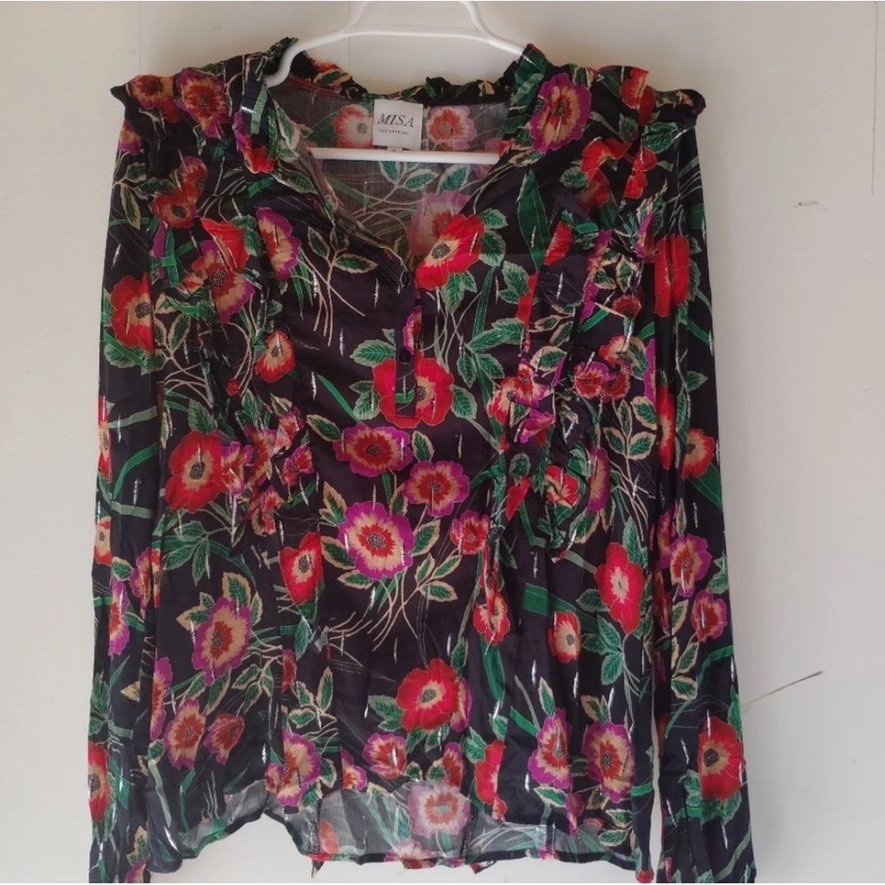 Anthro Misa Los Angeles Hibiscus Floral Ruffle Blouse with Metallic Threading - Picture 5 of 16